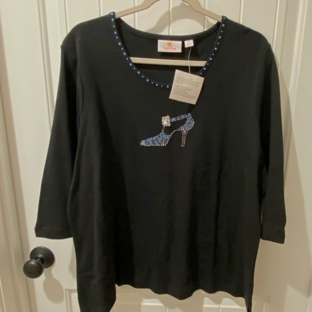Quacker Factory Black Long Sleeve Tee with Blue Rhinestone Shoe Accent